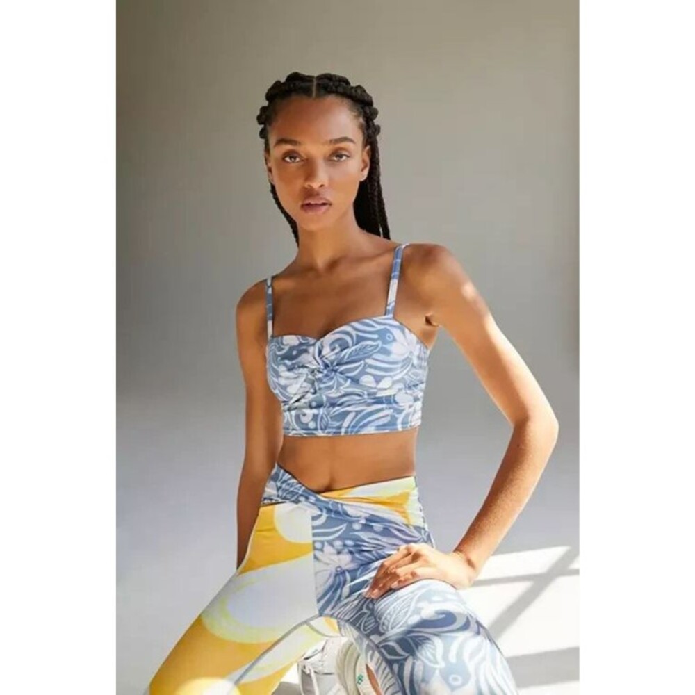 Free People Double Take Printed Crop Tank Top S Blue Floral Cami Sport Bra New